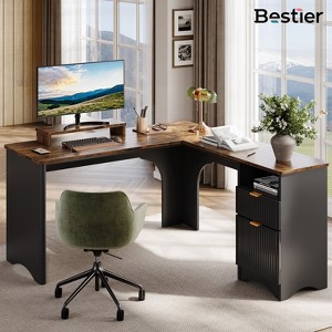 Bestier 55inch L Shaped Desk with Drawers,  Office Computer Desk with Round Corners, Monitor Stand & Fluted Panels, White & Walnut - 1 of 4