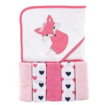 Luvable Friends Baby Girl Hooded Towel with Five Washcloths, Foxy, One Size