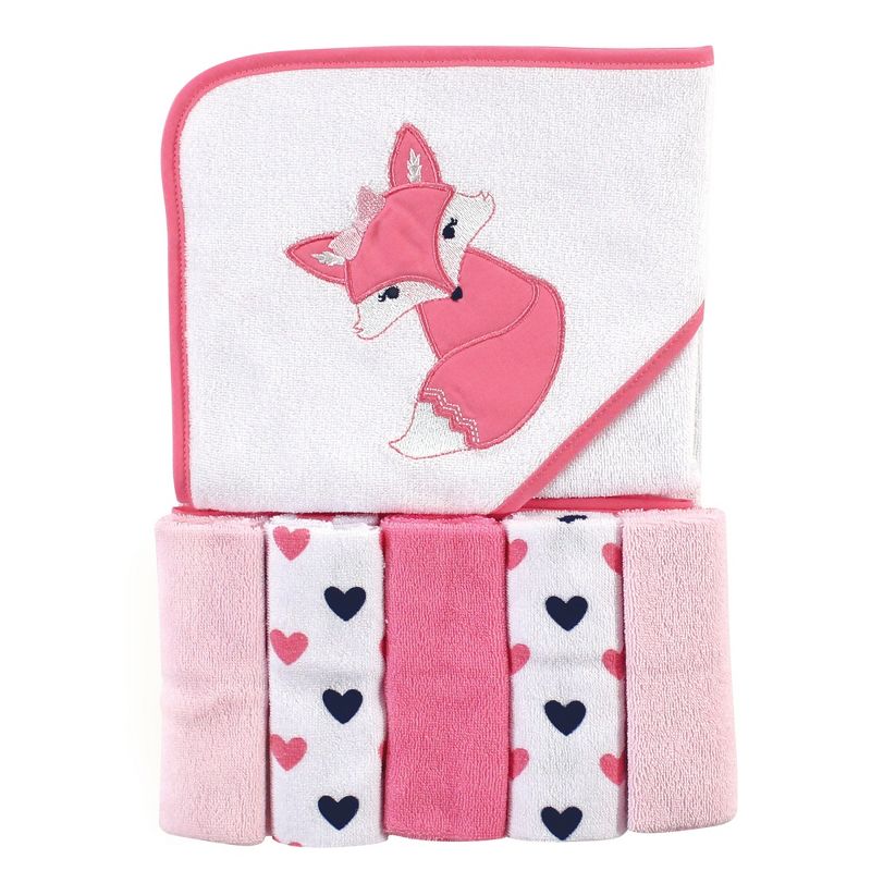 Luvable Friends Baby Girl Hooded Towel with Five Washcloths, Foxy, One Size, 1 of 3