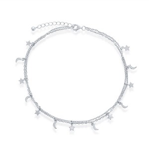 Bella Silver Sterling Silver, Moon and Star Double Strand Anklet - Silver - 9+1 Inch - 1 of 3
