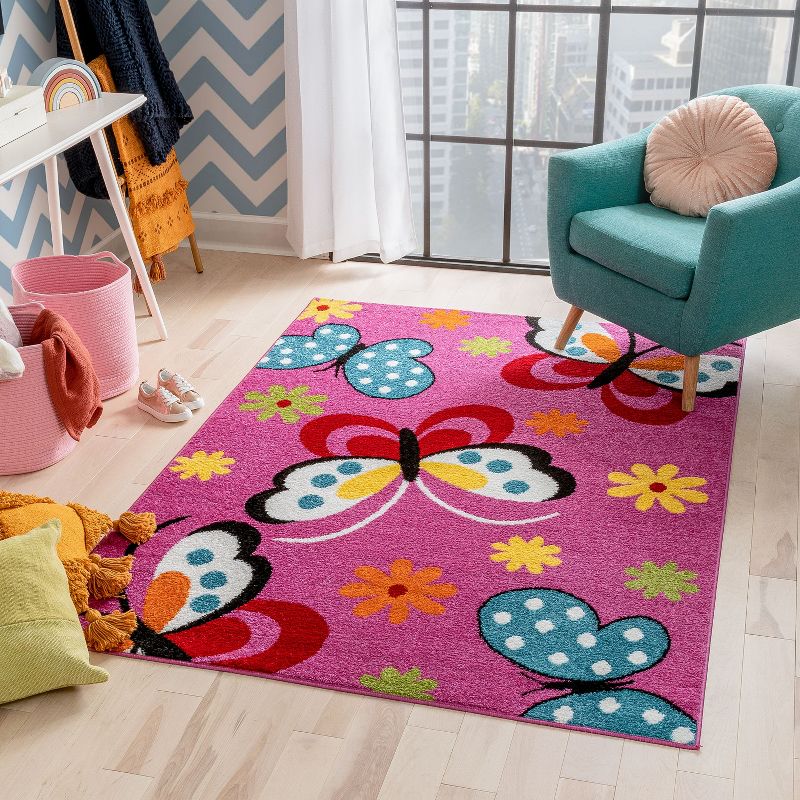 Well Woven Modern Daisy Butterflies Bright Kids Room Carpet Soft Durable Pink Area Rug, 2 of 9