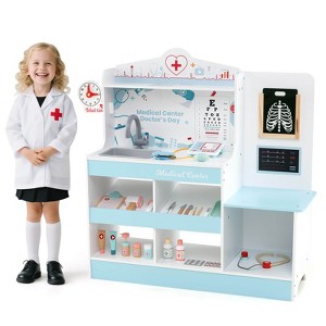 Honeyjoy Wooden Doctor Play Set with Clock Sink Eye Chart ECG Monitor Exam Area Storage Blue/Pink - 1 of 4