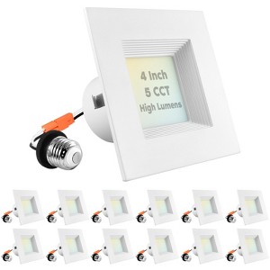 Luxrite 4 Inch Square Recessed LED Can Lights, 14W=75W, 5CCT 2700K-5000K, 950LM, Dimmable, Wet Rated, IC Rated, ETL, Baffle Trim 12 Pack - 1 of 4