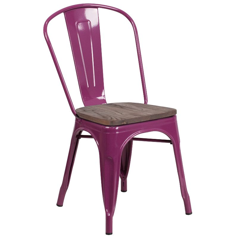 Merrick Lane Calumet Metal Stacking Chair with Curved, Slatted Back and Rustic Wood Seat, 1 of 9