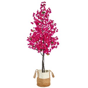 Nearly Natural 6-ft Artificial Bougainvillea Tree with Handmade Jute & Cotton Basket, Pink - 1 of 4