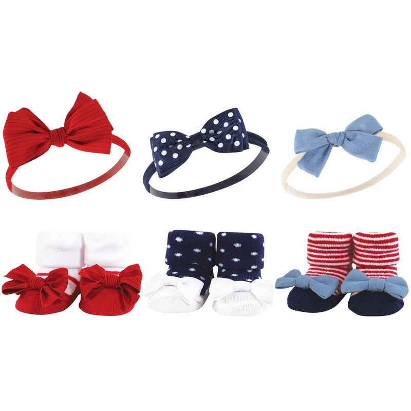 Hudson Baby Infant Girl 12Pc Headband and Socks Giftset, Red Blue Bows Red Chambray, One Size, 3 of 4