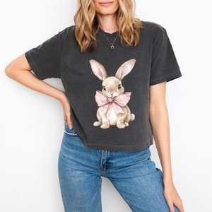 Bunny Watercolor With Bow - Women's Boxy Crop Top Graphic T-Shirt - 1 of 4