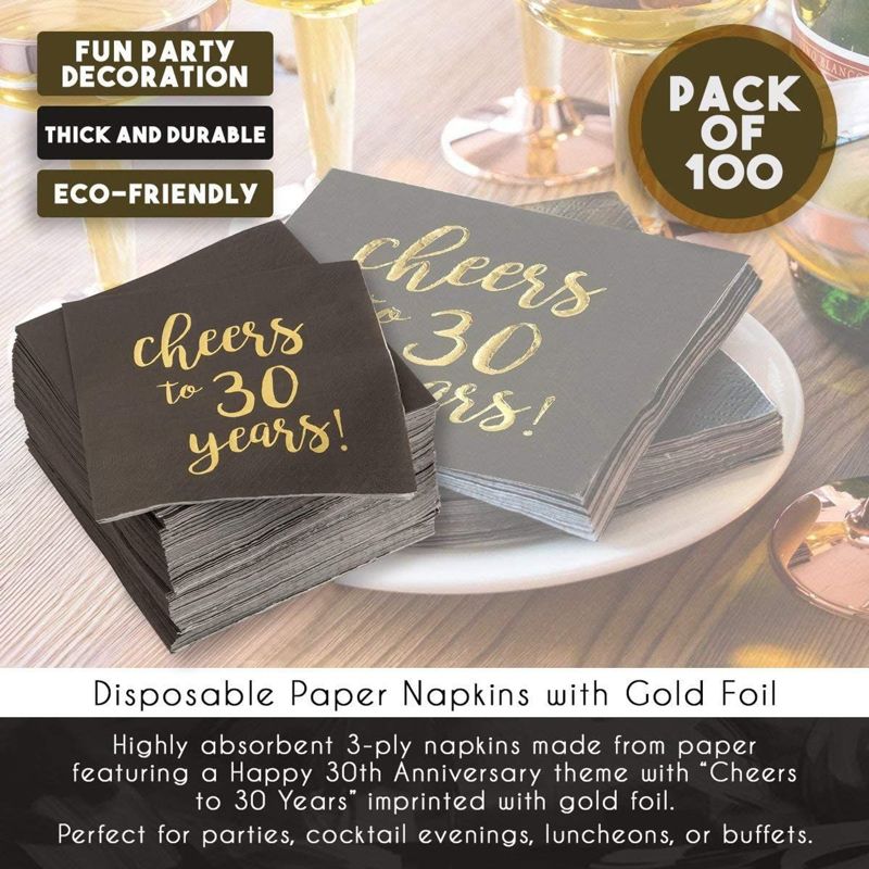 Blue Panda 100-Pack "Cheers to 30 Years!" Gold Foil Paper Disposable Cocktail Paper Napkins 5 x 5 Inches, 5 of 8