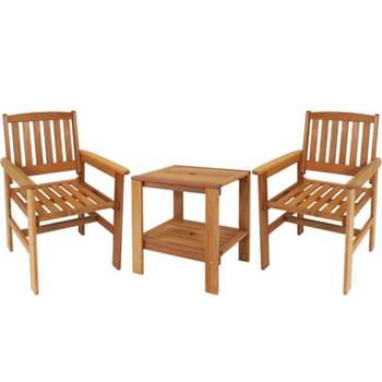 Sunnydaze Outdoor Meranti Wood with Teak Oil Finish Patio Table and Chairs Conversation Set - Brown - 3pc
