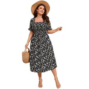 Coolmee Women's Plus Size Floral Summer Dress Puff Sleeve Smocked Ruffle Square Neck Casual Dress Cute Midi Dress - 1 of 4