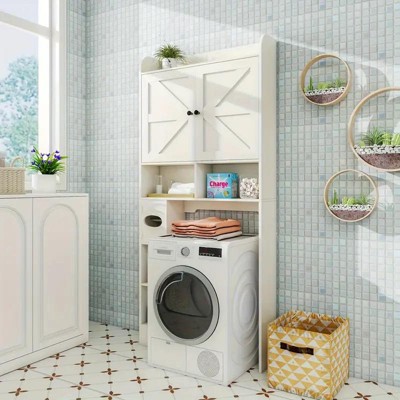Dyonery 32.3''W Over The Toilet Shelf with Toilet Paper Holder, Bathroom Organizers and Storage Over Toilet with Adjustable Bottom Bar，White/Gray