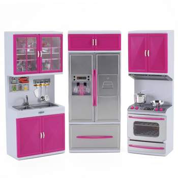Insten Mini Modern  Kitchen Playset for Dolls with Refrigerator, Stove, Sink, Pink, 15 x 12.5 in