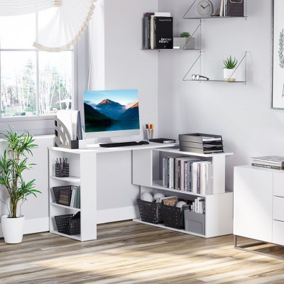 360° Rotating L-Shaped Desk with Storage Shelves – Space-Saving Home Office Workstation, White Modern Corner Writing Table