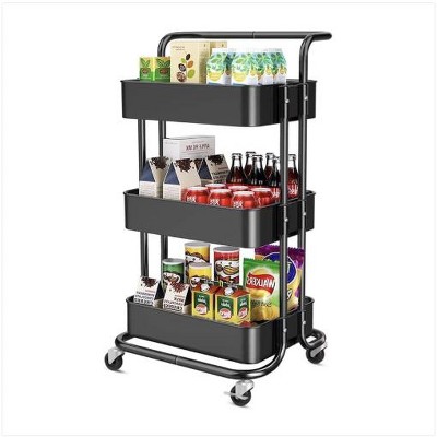 Wikineon 3 Tier Rolling Utility Cart Metal Organizer Cart with Handle,Mobile Trolley Cart for Kitchen Storage with Baskets and Wheels