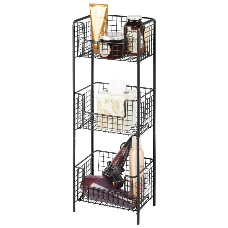 mDesign Steel Freestanding 3-Tier Storage Organizer Tower with Baskets, 1 of 6