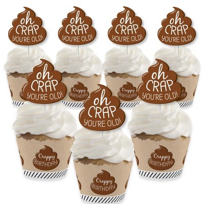 Big Dot of Happiness Oh Crap, You're Old - Cupcake Decoration - Poop Birthday Party Cupcake Wrappers and Treat Picks Kit - Set of 24