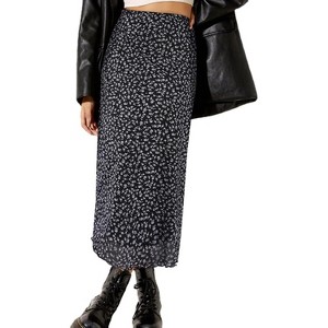 Floral Mesh Boho Midi Skirt - Women's High Waist A-Line Skirt with Lettuce Trim Black Floral J - 1 of 4