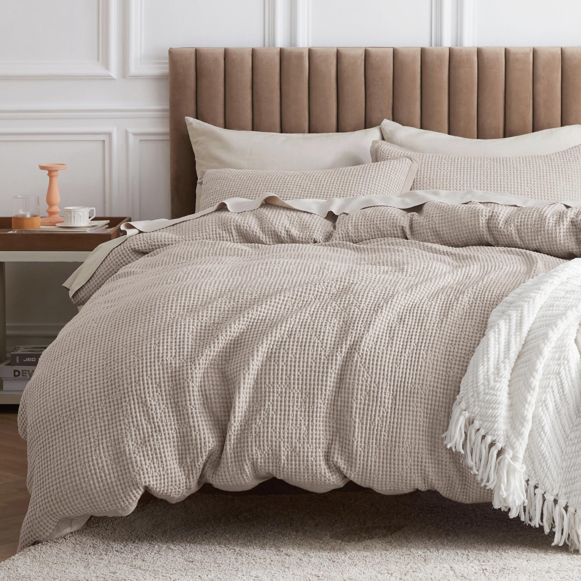 3 Pieces Bedsure Cotton Duvet Cover Oversized Queen Linen 100 Percent Cotton Waffle Weave Bedding Set GentleSoft Breathable All Season OEKO-TEX Certif