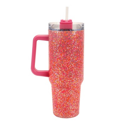 Packed Party Hot Pink Stainless Steel Insulated 40 oz Oversized Tumbler With Handle, Straw, Lid for Water or Iced Tea (Pink Glitter)