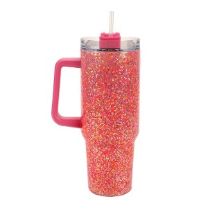 Packed Party Hot Pink Stainless Steel Insulated 40 oz Oversized Tumbler With Handle, Straw, Lid for Water or Iced Tea (Pink Glitter) - 1 of 4