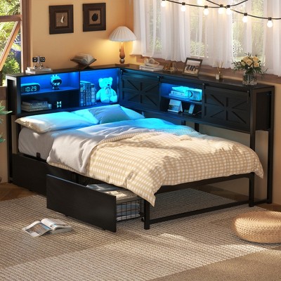 Aheaplus Reversible Daybed with Bookcase and Drawer, Corner Bed Frame with Sliding Door