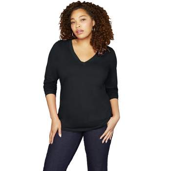 June + Vie by Roaman's Women's Plus Size Long-Sleeve V-Neck One + Only Tee