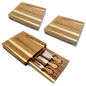 EcoSummer 3 Pack Cheese Board Set 9x7.9" Acacia Wood Charcuterie Cutting Board with Knife & Fork Gift Set. - 1 of 4