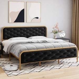 Whizmax Upholstered King Size Bed Frame, Velvet Upholstery Platform Bed with Button Tufted Curved Headboard, Noise Free, No Box Spring Needed - 1 of 4