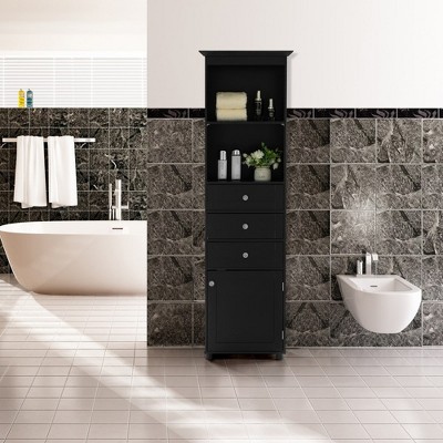 Narrow tall storage cabinet in a bathroom, with open shelves and drawers.