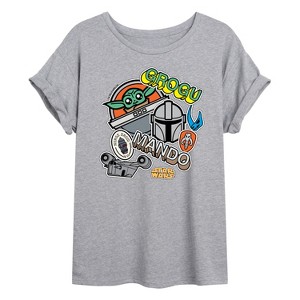 Women's - Star Wars - The Mandalorian Mando Grogu Stickers Oversized Graphic T-Shirt - 1 of 4