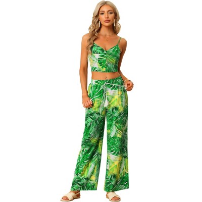 Allegra K Women's Tropical Print Cami Crop Top Elastic Waist Wide Leg Pants Sets Two Piece Outfit