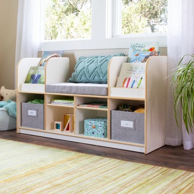 Guidecraft EdQ Reading Nook: Wooden Kids' Furniture for Book Storage with Bins and Cushioned Seat, Reading Bench Bookshelf
