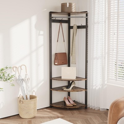 Corner Coat Rack with Shoe Bench Entryway and 6 Double Hooks, Corner Hall Tree - Corner Clothes Rack with Storage Corner Tree