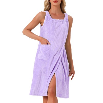 INSPIRE CHIC Women's Shower Wrap Wearable Button Bath Towel Robe Strap Sleeveless Dress with Snaps Pockets Spa
