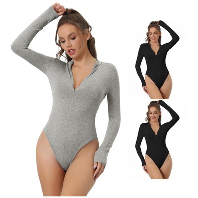 INSPIRE CHIC Women's Zip Front Casual Stand Neck Long Sleeve Slimming Going Out Body Shapers 3 Packs