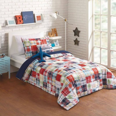 Bryce Twin Blue Cotton Plaid Comforter Set with Pillows