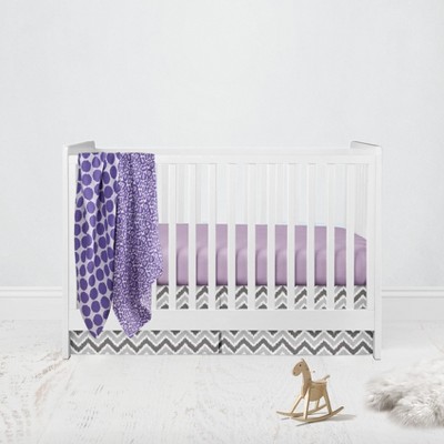 Bacati - Ikat Dots Leopard  Purple Grey Muslin Girls 4 pc Crib Set with 2 Muslin Swaddle Blankets