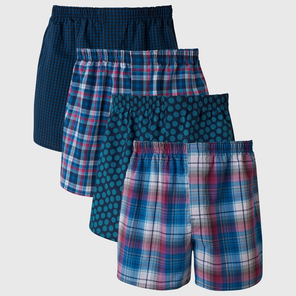 Hanes Premium Men's Stretch Woven Boxer Shorts 4pk - Blue/Green S: Cotton Blend, Tagless, Plaid Pattern, Lightweight Fabric