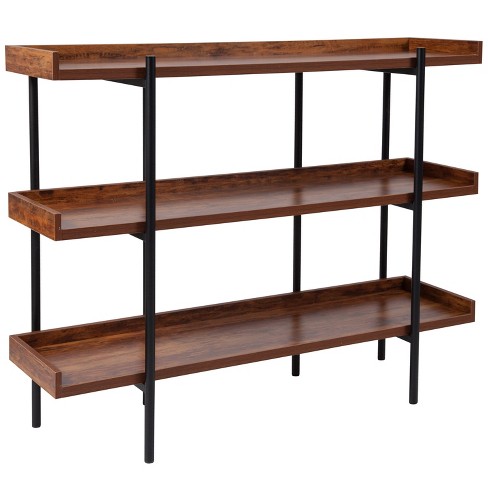 Merrick Lane Industrial Style Rustic Brown 3 Tiered Shelving Unit With  Black Metal Frame and Raised Border - 35H