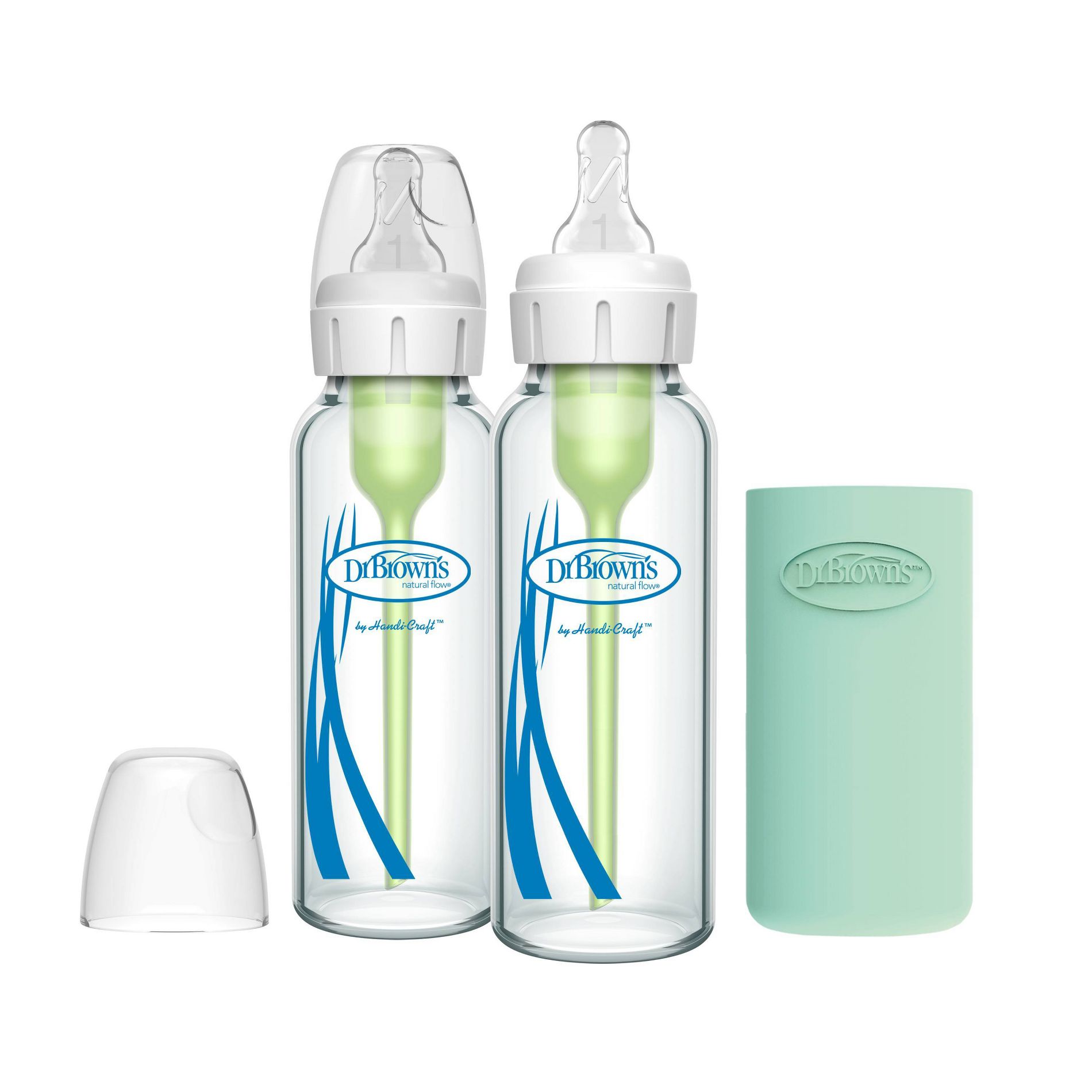 Dr. Brown's 8oz Anti-Colic Options+ Narrow Glass Baby Bottle with Level 1 Slow Flow Nipple & Silicone Sleeve - 2pk