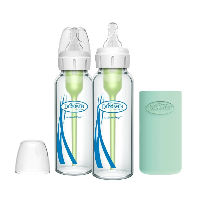 Dr. Brown&#39;s 8oz Anti-Colic Options+ Narrow Glass Baby Bottle with Level 1 Slow Flow Nipple &#38; Silicone Sleeve - 2pk, 1 of 20