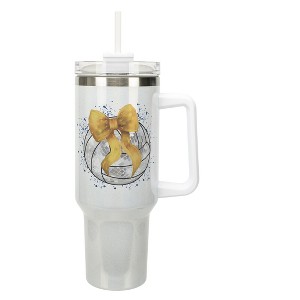 Elanze Designs 40 Ounce Stainless Steel Double Wall Insulated Glitter Travel Tumbler With Handle, Straw, and Lid, Volleyball With Gold Bow White - 1 of 1