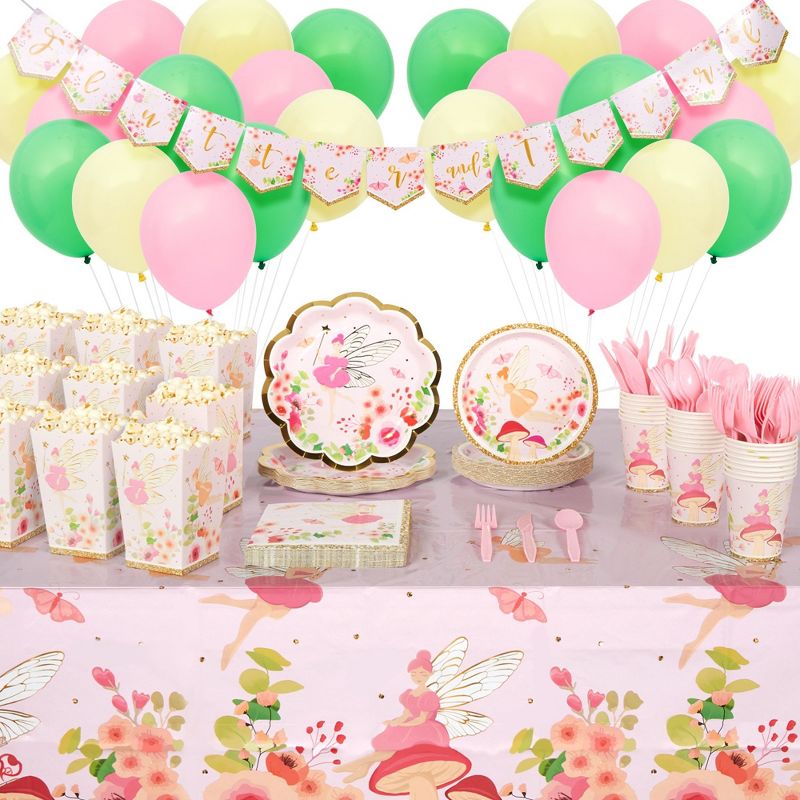 Sparkle and Bash 219 Piece Pink Dinnerware Set with Favor Boxes, Balloons and Banner, Fairy Party Decorations (Serves 24), 1 of 9