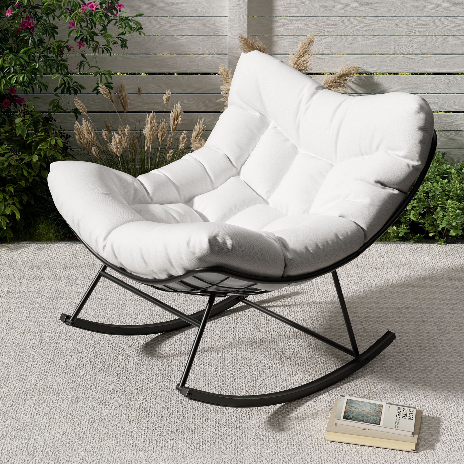 Grand Patio Rocking Chair Outdoor, Rocking Chair, Oversized Lounge Chair with Sturdy Metal Frame, Patio Rattan Egg Rocker for Balcony Backyard Porch