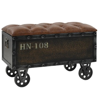 vidaXL Solid Fir Wood Storage Bench with Castors- Traveling Trunk Design - Retro Style - Brown, Faux Leather Upholstered Seat