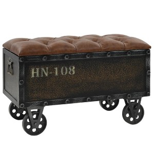 vidaXL Solid Fir Wood Storage Bench with Castors- Traveling Trunk Design - Retro Style - Brown, Faux Leather Upholstered Seat - 1 of 4