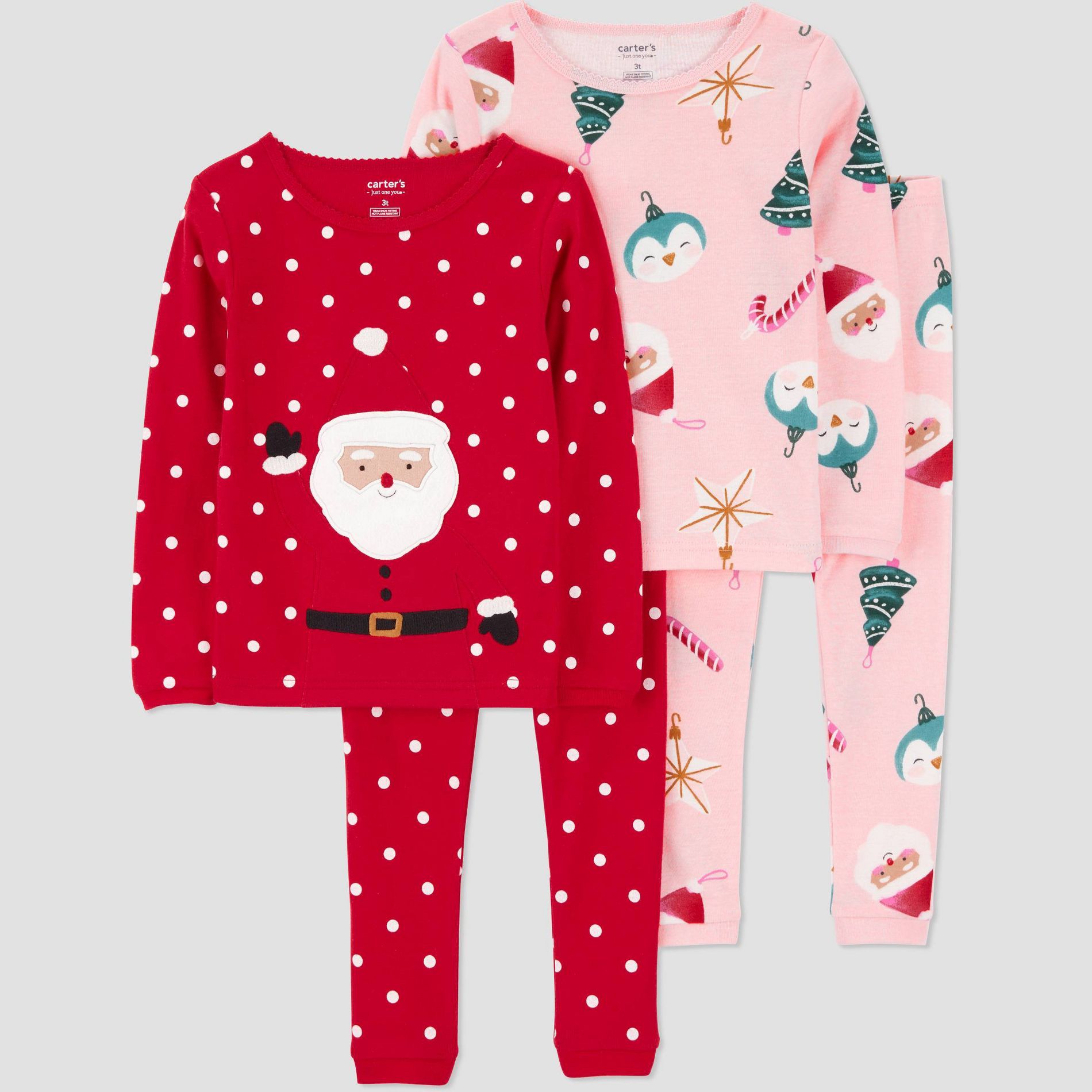 Carter's Just One You® Toddler Girls' 4pc Christmas Polka Dots Santa & Ornament Print Long Sleeve Cotton Pajama Set - Red/Pink 12M