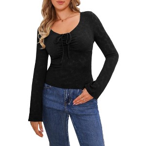 INSPIRE CHIC Women's Drawstring Ruched Floral U Neck Long Sleeve Shirt - 1 of 4