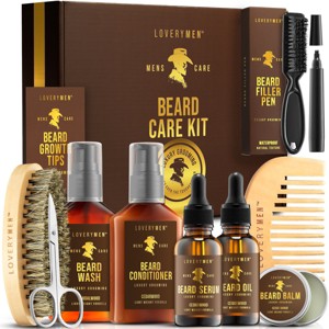 LOVERYMEN 9-Piece Ultimate Beard Care Kit: Beard Oil, Balm, Serum, Wash, Conditioner, Shears, Comb, Brush, & Beard Pen in Elegant Gift Box - 1 of 4