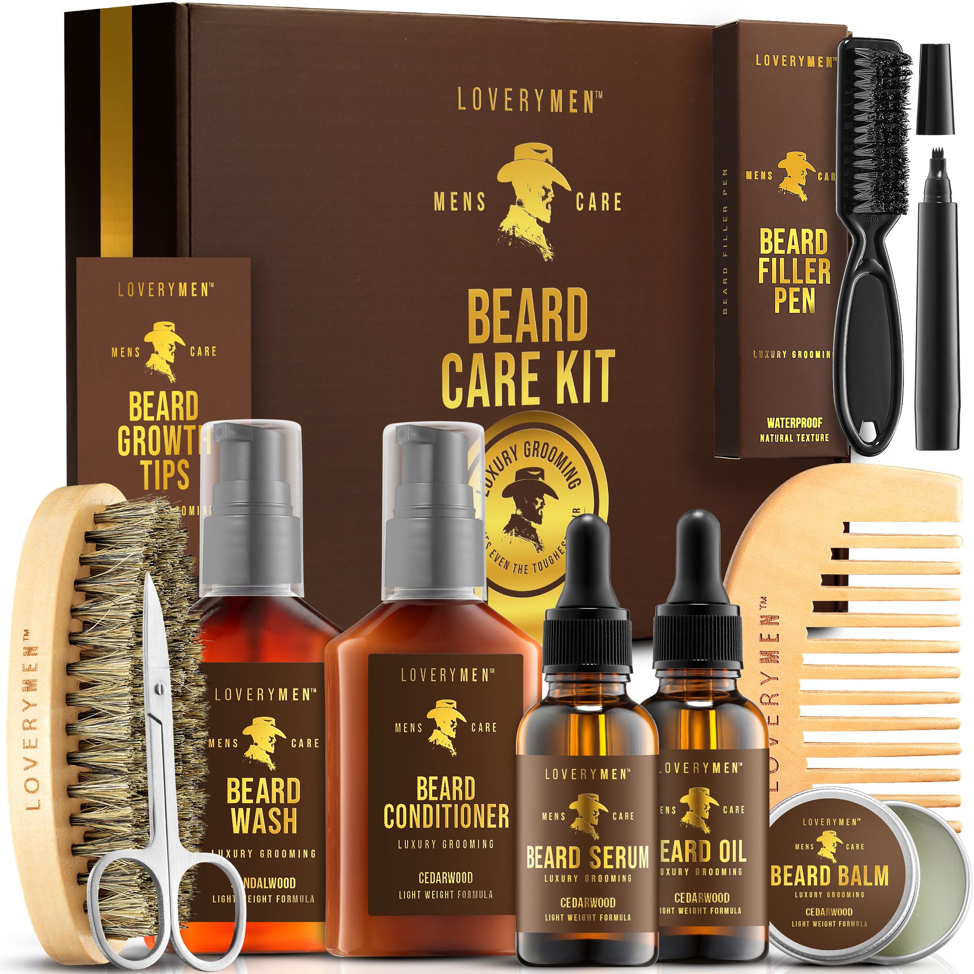LOVERYMEN 9-Piece Ultimate Beard Care Kit: Beard Oil, Balm, Serum, Wash, Conditioner, Shears, Comb, Brush, & Beard Pen in Elegant Gift Box